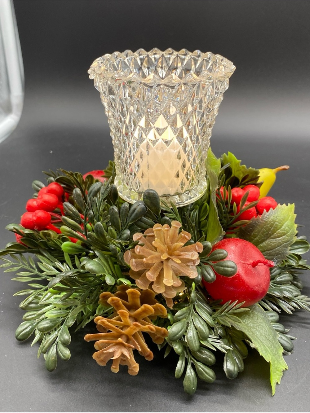 Holiday Pine & Berry plastic Candle Ring with Clear Glass Votive